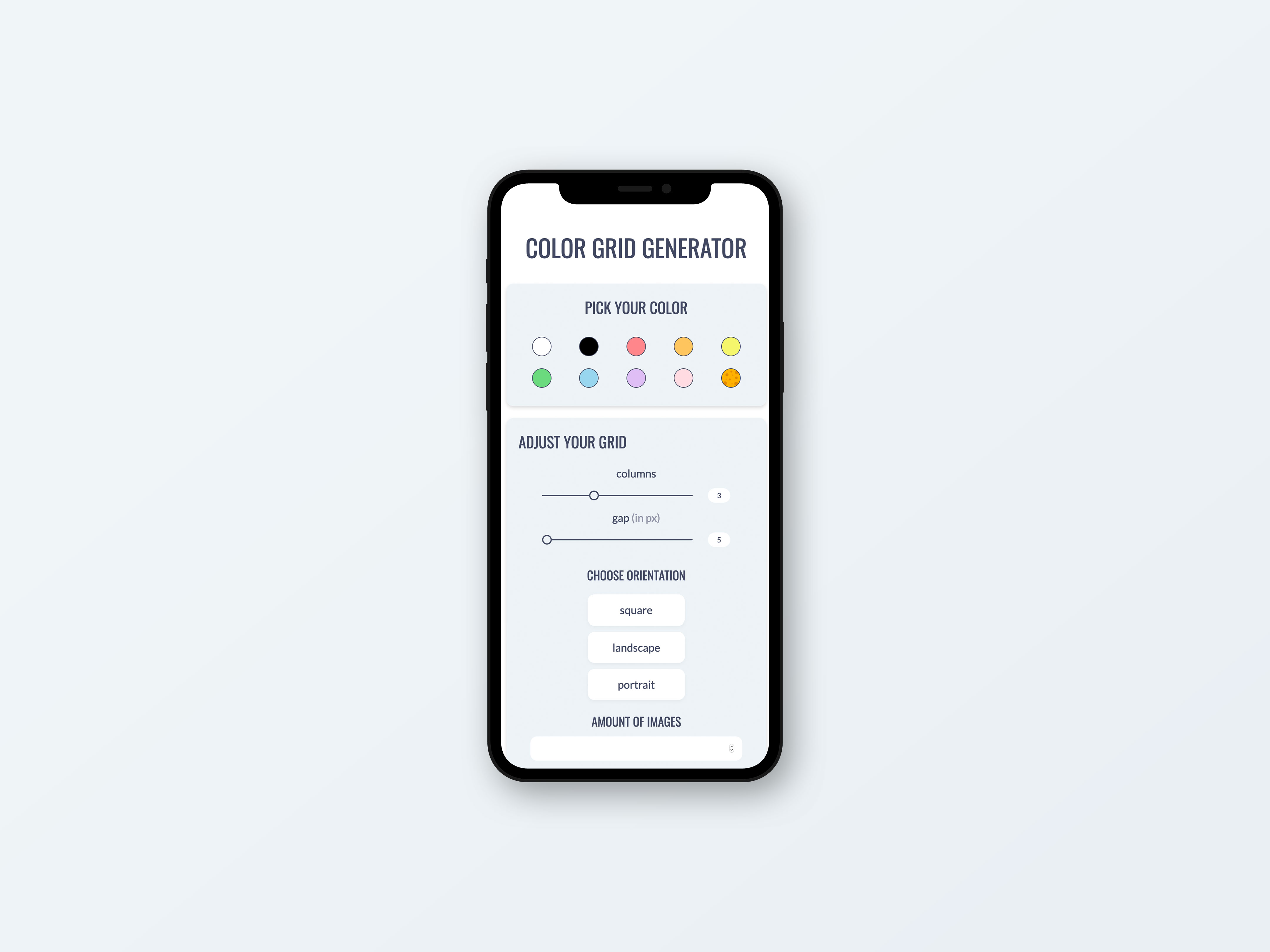 Color Grid Generator page on an iPhone screen
