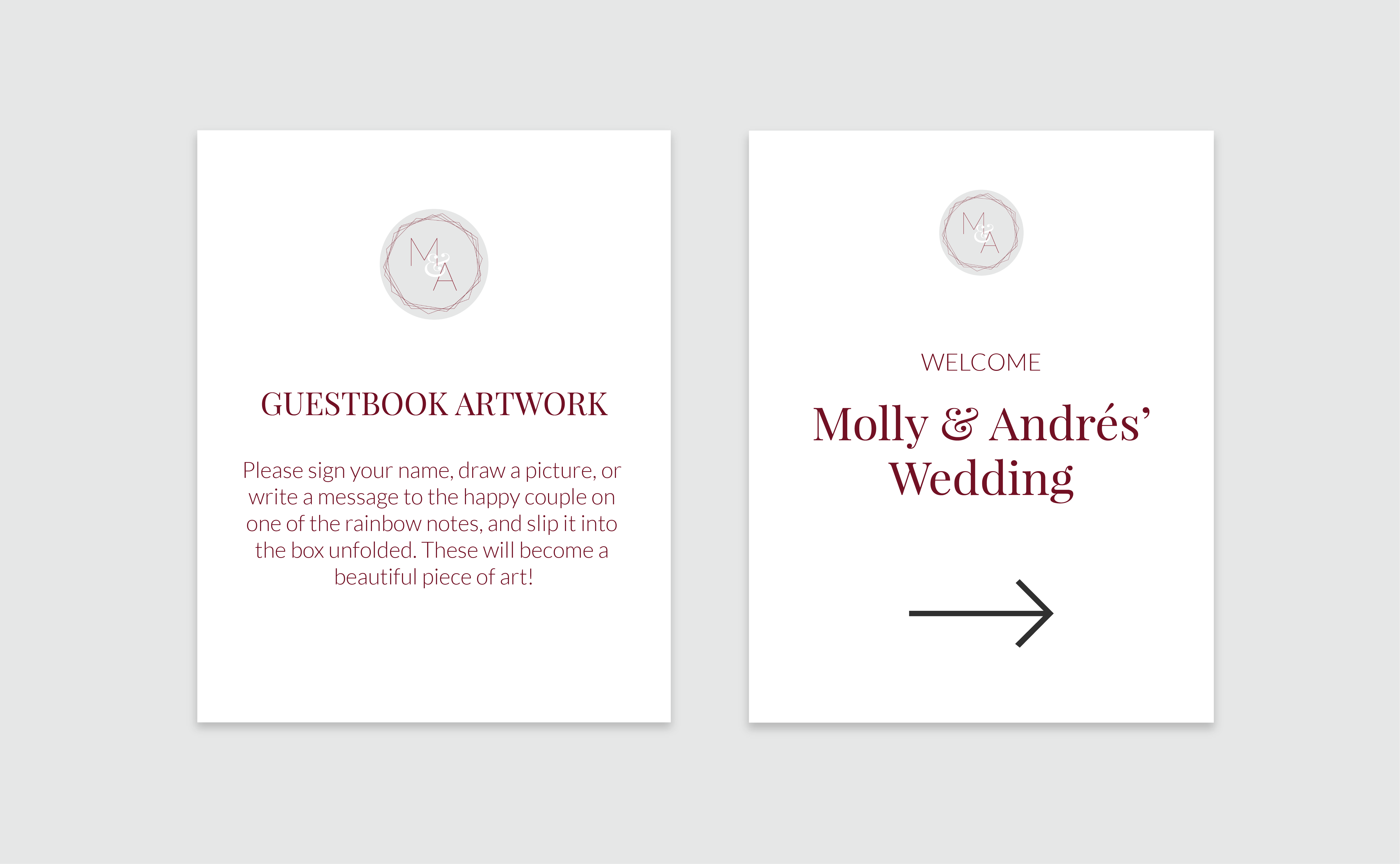 Various wedding signage, including a sign to direct guests and a sign for the guestbook table